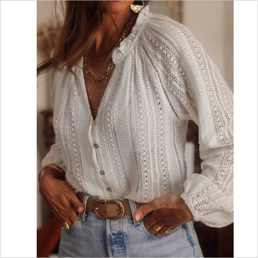 New Bohemian White Lace Long Sleeve V-Neck Button Front Blouse Top - Picture 3 of 11